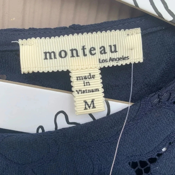 NWT MONTEAU Los Angeles Navy Blue Lace Shift Mini Dress Short Flutter Sleeve - Picture 6 of 9